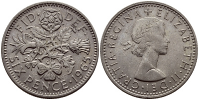 Великобритания 6 пенсов 1965 Елизавета II (1952-2022) KM 903, Spink 4149 медно-никель 75-948