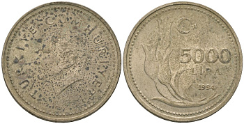 Турция 5000 лир 1994 Кемаль Ататюрк KM 1025 никель латунь 4605-142