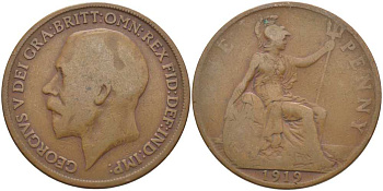 Великобритания 1 пенни 1919 Георг V (1910-1936) KM 810, Spink 4051 бронза 115-141