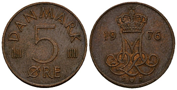 Дания 5 эре 1976 S; B, Маргрете II (1972- ) KM 859.1 железо плакированное медью 4173-718