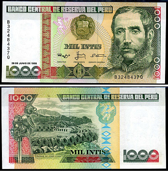 Перу 1000 инти 1988 Андрес Авелино Касерес, руины Чан-Чан Pick 136 b бумага UNC (пресс) 7457-4-2-1