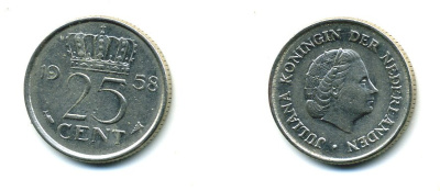 НИДЕРЛАНДЫ 25 ЦЕНТОВ 1958 ЮЛИАНА KM 183 никель 76-366
