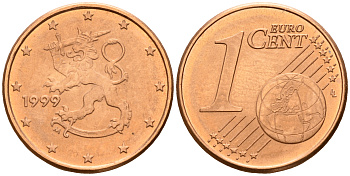 Финляндия 1 евроцент 1999  KM 98 сталь плакированная медью  UNC  4189-152