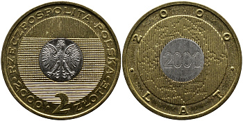 Польша 2 злотых 2000 MW, миллениум KM 374 биметалл UNC 4521-815