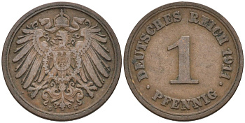 Германия 1 пфенниг 1911 E KM 10, J. 10 медь 4576-166