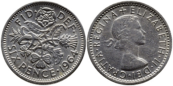 Великобритания 6 пенсов 1964 Елизавета II (1952-2022) KM 903, Spink 4149 медно-никель 4387-865