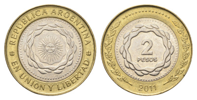 Аргентина 2 песо 2011 KM 165 биметалл aUNC 4663-651