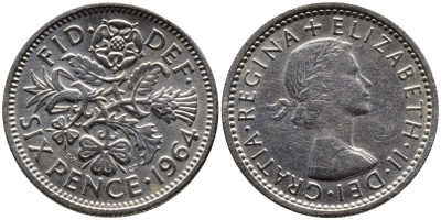 Великобритания 6 пенсов 1964 Елизавета II (1952-2022) KM 903, Spink 4149 медно-никель 4387-865