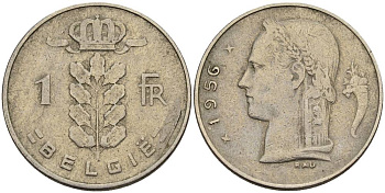 БЕЛЬГИЯ 1 ФРАНК 1956 BELGIE KM 143.1 медно-никель 4546-343