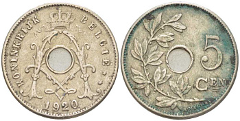 БЕЛЬГИЯ 5 САНТИМОВ 1920 BELGIE KM 67 медно-никель 211-654
