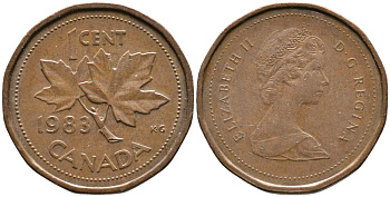 КАНАДА 1 ЦЕНТ 1983 ЕЛИЗАВЕТА II (1952-), КЛЕНОВЫЙ ЛИСТ, ВТОРОЙ ПОРТРЕТ В КОРОНЕ KM 132 бронза 4528-752