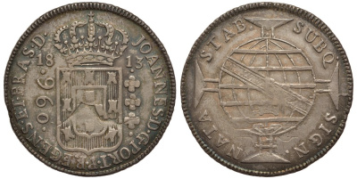 Бразилия 960 рейс 1813 В, Принц регент Жуан VI Бразильский (1799-1818), красивая голубая патина KM 307.1, Lupercio Var 22a серебро 00-803-66