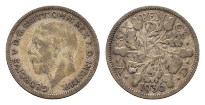 Великобритания 6 пенсов 1936 Георг V (1910-1936) KM 832, Spink 4041 серебро 100-929