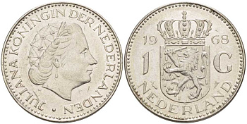 Нидерланды 1 гульден 1968 Юлиана (1948-1980) KM 184a никель 213-954