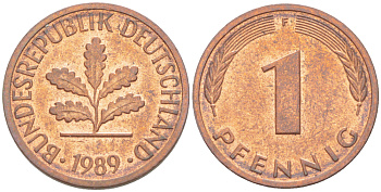 ФРГ 1 ПФЕННИГ 1989 F KM 105, J. 380 сталь плакированная медью 4181-669