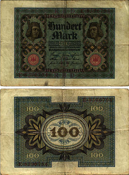 Германия 100 марок 1920 Бамбергский всадник, 7 цифр в номере, серия E, буква B Pick 69 a, Розенберг 69a бумага 8609-53-2