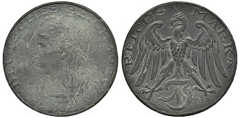 Германия 3 марки 1925 D, пробная / проба, медальер Карл Гетц, диаметр 30,24 мм, вес 14,0 г цинк 00-817-03