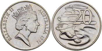 АВСТРАЛИЯ 20 ЦЕНТОВ 1991 ЕЛИЗАВЕТА II, ВТОРОЙ ПОРТРЕТ В КОРОНЕ, УТКОНОС KM 82 медно-никель UNC 38-726