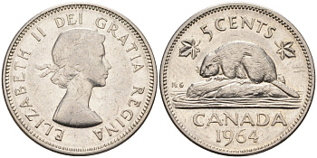 Канада 5 центов 1964 Елизавета II (1952-), бобр KM 57 никель 4586-636