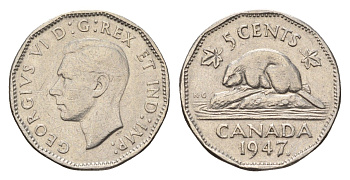 Канада 5 центов 1947 бобр Dot, Георг VI (1936-1952) KM 39a никель 4679-659