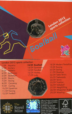 Великобритания 50 пенсов 2011 XXX летние Олимпийские игры в Лондоне в 2012 году, голбол, в оригинальном картонном буклете, с Олимпийской голограммой (13/29) KM 1183 медно-никель  UNC  3-6-6-17