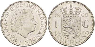 Нидерланды 1 гульден 1968 Юлиана (1948-1980) KM 184a никель 213-954