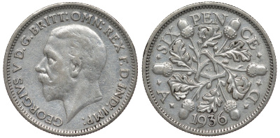 Великобритания 6 пенсов 1936 Георг V (1910-1936) KM 832, Spink 4041 серебро 4128-815