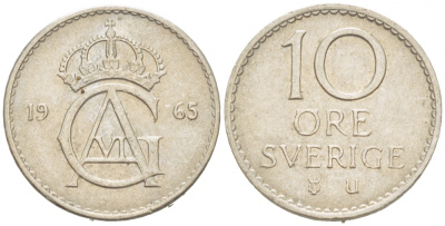 Швеция 10 эре 1965 U, Густав VI Адольф (1950-1973) КМ 835 медно-никель 3955-323