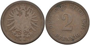 Германия 2 пфеннига 1875 D, старогербовка KM 2, J. 2 медь 4575-647