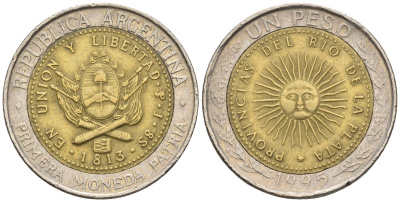 Аргентина 1 песо 1995 A, майское солнце, 8 эскудо 1813 KM 112.1; CJ 6.2.1, Schon 113 биметалл    60-456