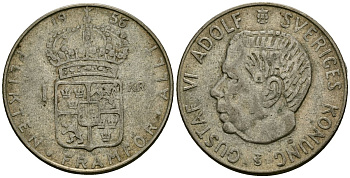 Швеция 1 крона 1956 TS, Густав VI Адольф (1950-1973) KM 826 серебро 4177-1012