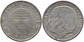 Швеция 1 крона 1990 Карл XVI Густав (1973- ) KM 852a медно-никель 4398-1247