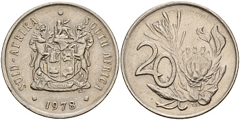 ЮАР 20 центов 1978 герб, цветок протея KM 86  никель    4601-911