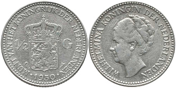 Нидерланды 1/2 гульдена 1930 Вильгельмина I (1890-1948) КМ 160 серебро 202-552