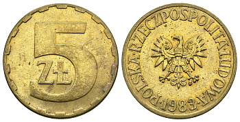 ПОЛЬША 5 ЗЛОТЫХ 1983 MW KM 81.1 латунь 4385-734