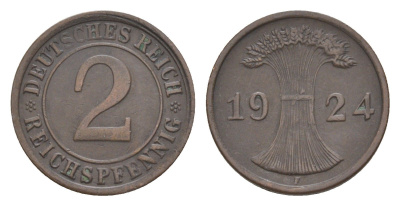 Германия 2 рейхспфеннига 1924 F KM 38, J. 314 бронза 4644-1061