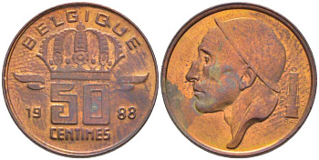 БЕЛЬГИЯ 50 САНТИМОВ 1988 BELGIQUE, БОДУЭН I (1951-1993) KM 148.1 бронза 116-1037