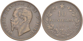 ИТАЛИЯ 10 ЧЕНТЕЗИМО 1866 H, МОНДВОР БИРМИНГЕМ, ВИКТОР ЭММАНУИЛ II (1861-1878) KM 11.3 медь 4526-816