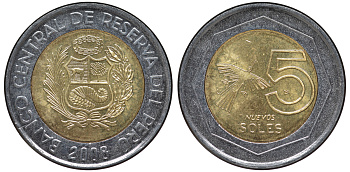 Перу 5 новых солей 2008 KM 316 биметалл aUNC 4605-357