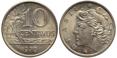 БРАЗИЛИЯ 10 СЕНТАВО 1970 НЕФТЕПЕРЕГОННЫЙ ЗАВОД KM 578.2 медно-никель VF 4182-427