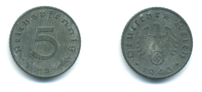 ГЕРМАНИЯ 5 РЕЙХСПФЕННИГОВ 1943 В, ОЧЕНЬ РЕДКАЯ БУКВА, KM 100, J. 370 цинк 4383-415