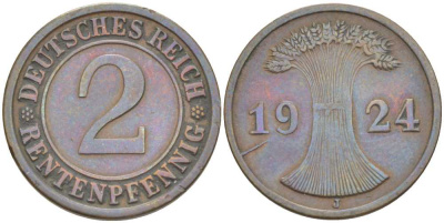 ГЕРМАНИЯ 2 РЕНТЕНПФЕННИГА 1924 J KM 31, J. 307 бронза 206-1162