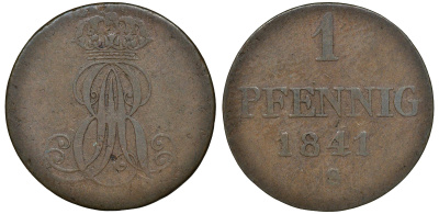 Ганновер 1 пфенниг 1841 S, Эрнст Август (1837-1851) KM 173.3, AKS 128, J. 54 медь 72-1621