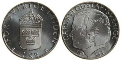 Швеция 1 крона 1991 Карл XVI Густав (1973- ) KM 852a медно-никель UNC 4179-1234