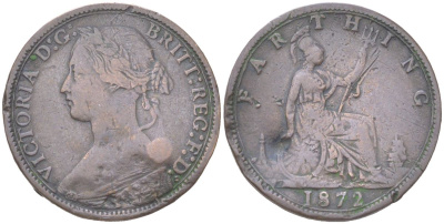 Великобритания 1 фартинг 1872 Виктория (1837-1901) KM 747.2, Spink 3958 бронза 4613-426
