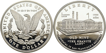 США 1 доллар 2006 старейший монетный двор Сан-Франциско, в оригинальной коробке, сертификат KM 394 серебро PROOF 00-00-00