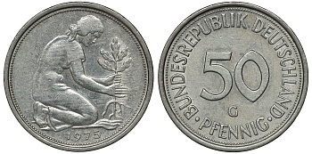 ФРГ 50 ПФЕННИГОВ 1975 G, KM 109.2, J. 384 медно-никель aUNC 72-1058