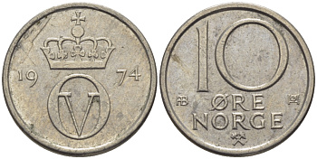 Норвегия 10 эре 1974 Улаф V (1958-1991) KM 416 медно-никель 100-123