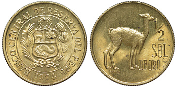 Перу 1/2 соля 1974 альпака KM 260 латунь aUNC 4605-451
