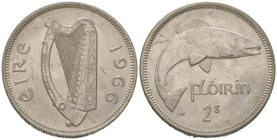 Ирландия 2 шиллинга = флорин 1966 KM 15a медно-никель aUNC 4574-533